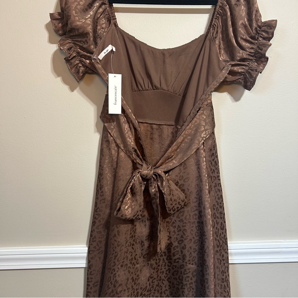 Francesca's Brown Satin Cheetah Print Mini Dress Bubble Sleeves Size Large NWT - Picture 14 of 14